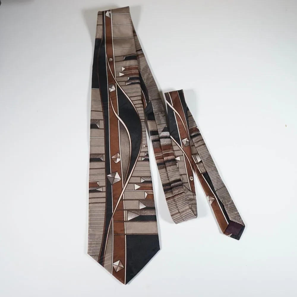 Balmain Pierre Balmain Vintage Tie Abstract Art Deco Geometric Pattern Brown